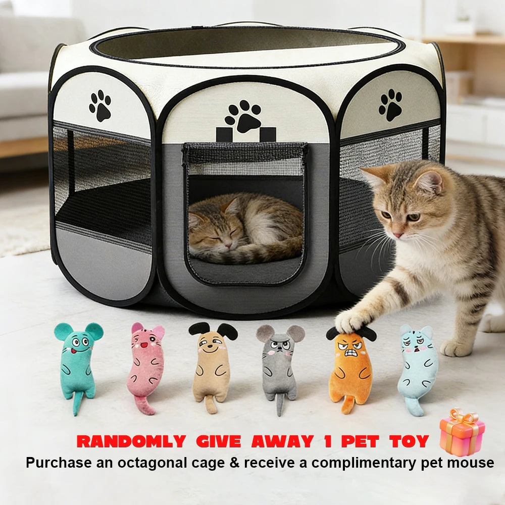 Foldable Octagonal Pet Playpen & Portable Travel Tent - Spacious Indoor/Outdoor Kennel Cage with Scratch-Resistant Oxford Fabric for Dogs, Cats, Puppies, and All Small Animals | Easy Setup, Durable & Easy to Carry | Plus, 1 Random Mouse Toy Included (1 o