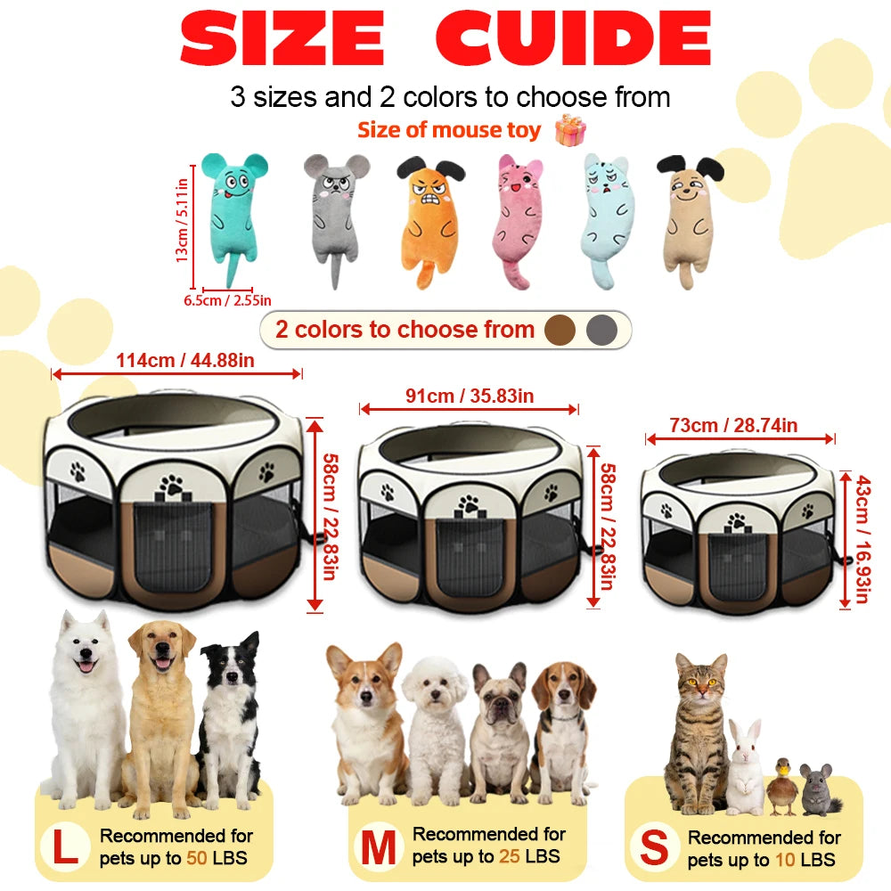Foldable Octagonal Pet Playpen & Portable Travel Tent - Spacious Indoor/Outdoor Kennel Cage with Scratch-Resistant Oxford Fabric for Dogs, Cats, Puppies, and All Small Animals | Easy Setup, Durable & Easy to Carry | Plus, 1 Random Mouse Toy Included (1 o